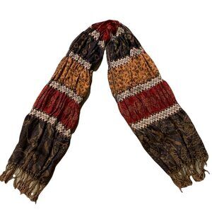 VTG BOHO Gauze Fringed Scarf 13" x 70" red, gold, blue, black 199E
